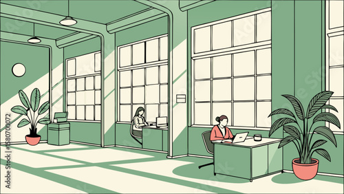 Illustration of modern office space with workers at desks and plants in a green and cream color scheme