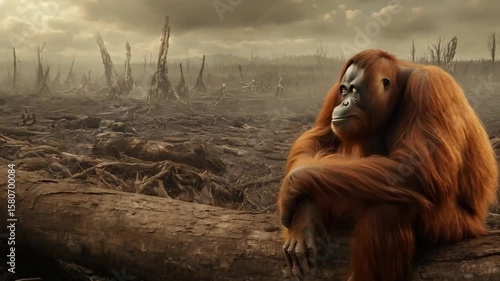 Orangutan Sitting Amidst Deforestation and Environmental Destruction