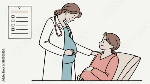Prenatal care visit illustration showing doctor examining pregnant woman illustration for healthcare and wellness 100