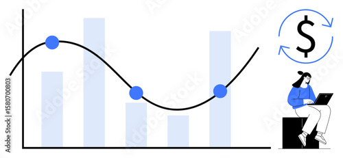 Bar chart with curve and trendpoints alongside circular dollar flow, person analyzing data on laptop. Ideal for finance, investment, strategy, data analysis, growth, planning, simple flat metaphor