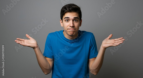 Young male in a blue t-shirt displays a confused expression with hands up in the air against a gray background. Student expressing uncertainty in a neutral setting.