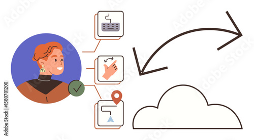 User profile connected to cloud via interactive diagram, showcasing workflow, data input, location, and communication. Ideal for technology, cloud services, teamwork, remote work data storage