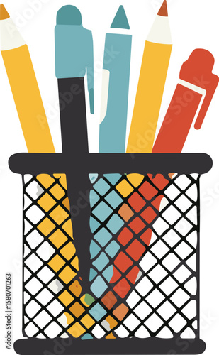 Colorful Pencils and Pens in a Mesh Desk Organizer Perfect for Students, Artists, and Office Professionals