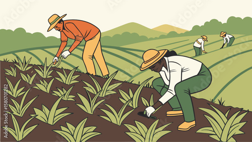 Illustration of farm workers cultivating crops in a field for agriculture and harvesting concept design