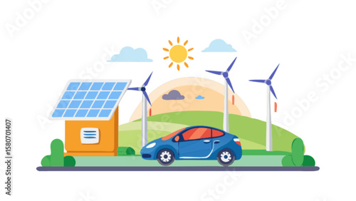 Renewable energy sources illustration featuring solar panels wind turbines and an electric car for sustainability