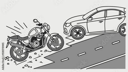 Motorcycle accident with car on road illustration for safety awareness and accident prevention concept design