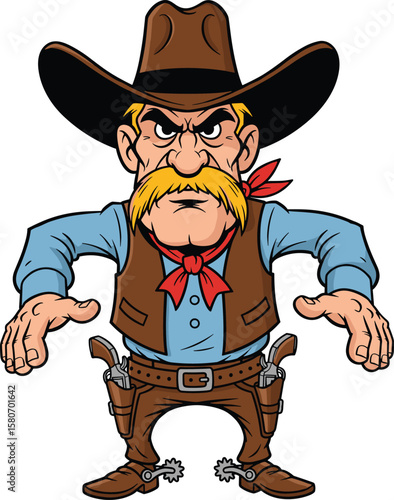 Angry cartoon cowboy character, wild west gunslinger, western sheriff with mustache, vintage outlaw illustration, duel-ready western man, cowboy with revolvers and spurs