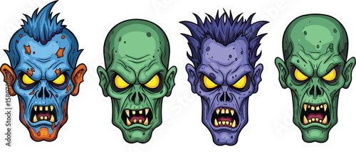Angry cartoon zombie heads collection, colorful undead skulls, scary monster faces, creepy Halloween illustrations, horror character design, spooky vector artwork for graphic use