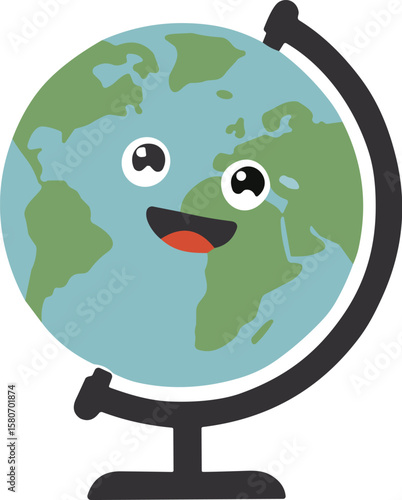 A Happy Cartoon Globe Character in a Bright Classroom Environment, Engaging Children with Geography Lessons and Fun Activities