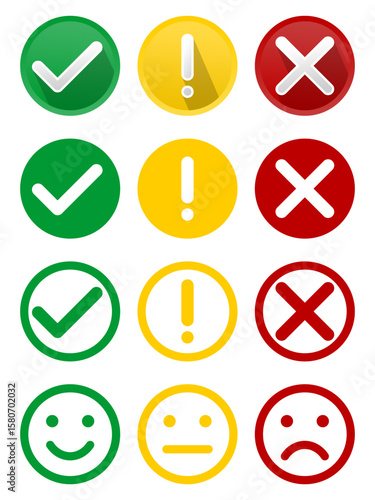Checklist Tick Mark Warning Sign Cross Symbol and Emoji Expression Face Icons Set Vector Illustration in Circle Design Isolated on White Background Editable EPS File