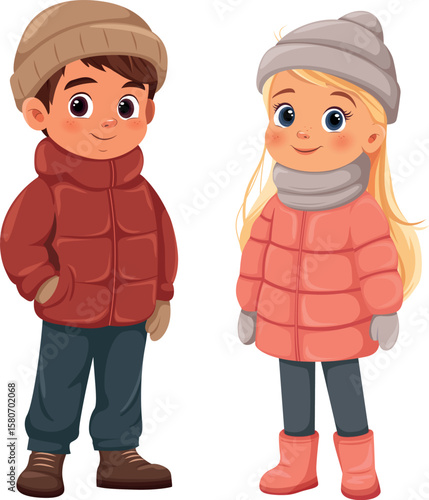 Cartoon boy and girl in bright winter jackets and hats vector illustration