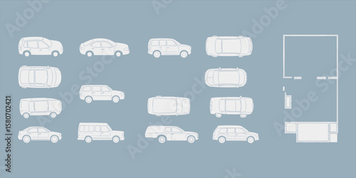 Side and top view car set, SUV and sedan blueprint vector, vehicle layout illustration, garage architecture plan, transport schematic drawing, auto CAD design pack