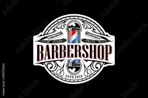 A classic barbershop logo design featuring a vintage barber pole, razors, and scissors.  Perfect for a traditional barbershop filigree ornament.
