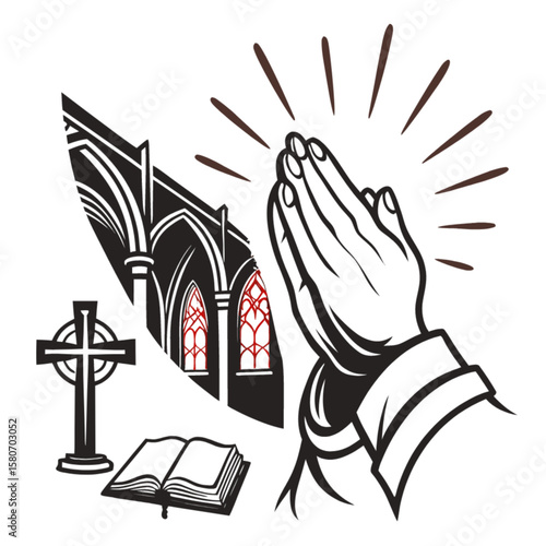 Praying hands church cross and bible vector illustration for faith and religion designs and christian artwork
