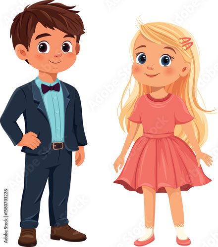 Cartoon boy and girl in suit and cute beautiful dress. Vector illustration on transparent background