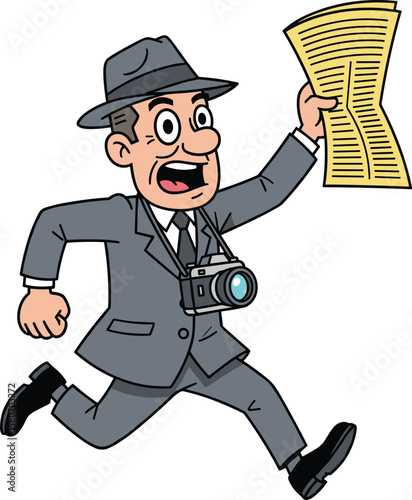 Cartoon retro journalist running with newspaper, vintage reporter character with camera, old-fashioned newsman, funny press guy illustration, journalism concept, breaking news cartoon man