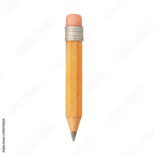 Vector short yellow pencil with eraser painted in watercolor style. Perfect for school supplies designs, educational materials, stationery themes, or back-to-school graphics.