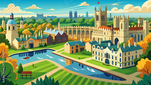 Panoramic view of Cambridge University with its traditional architecture, green spaces, and the River Cam flowing through the city center