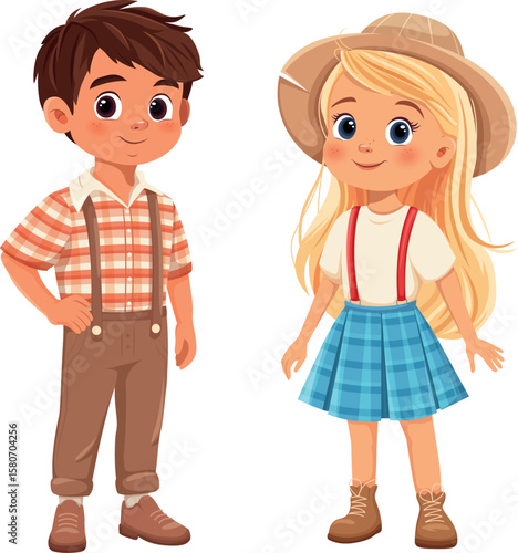 Cartoon boy and girl in rustic outfits vector illustration