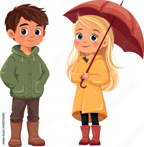 Cartoon boy and girl in raincoats vector illustration