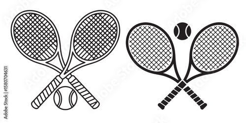 single Tennis racket and ball, two crossed rackets and tennis ball icon