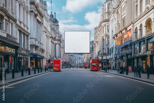 Piccadilly road in London showing billboard mockup above shop signs, white display on commercial UK buildings, classic city atmosphere for urban outdoor ad presentation
