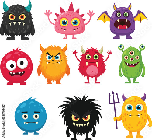 Colorful cartoon monsters, cute funny creatures, adorable monster characters for kids, playful fantasy beasts, silly monster illustration, vibrant design for Halloween and children’s projects
