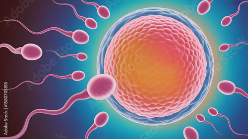 A stylized rendering shows sperm cells approaching a human egg cell for fertilization, on a blue to yellow gradient background.