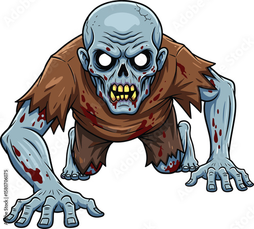 Creepy crawling cartoon zombie character, horror undead monster, scary Halloween illustration, bloodied ghoulish corpse, animated evil walker, terrifying apocalypse vector art.