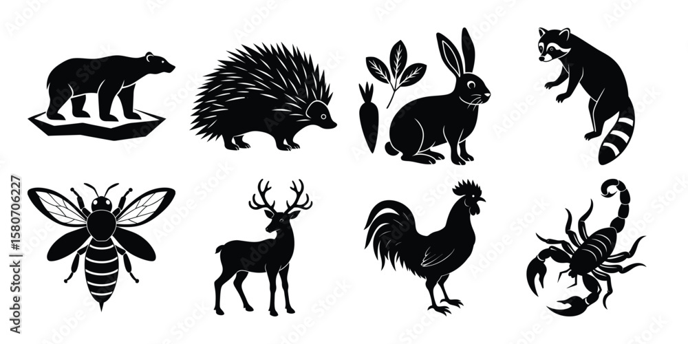 Fototapeta premium A collection of black silhouette forest animals isolated on white background
