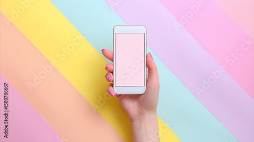 パステルカラーの背景とスマホを持つ手