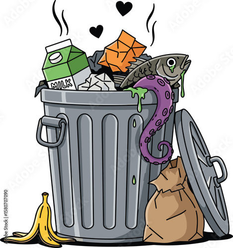 Funny cartoon trash can, overflowing garbage illustration, tentacle monster in bin, smelly rubbish vector, urban waste cartoon, food scraps and litter humor art.
