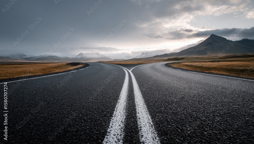 Fototapeta premium Two roads diverge in a dramatic landscape