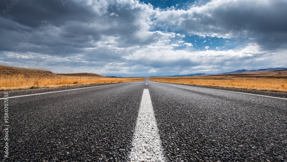 Fototapeta premium Empty asphalt road stretches into a vast, open landscape beneath a dramatic sky