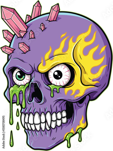 Psychedelic crystal skull illustration, melting zombie head art, creepy cartoon skull design, glowing fire brain, horror fantasy skull graphic, undead head drawing