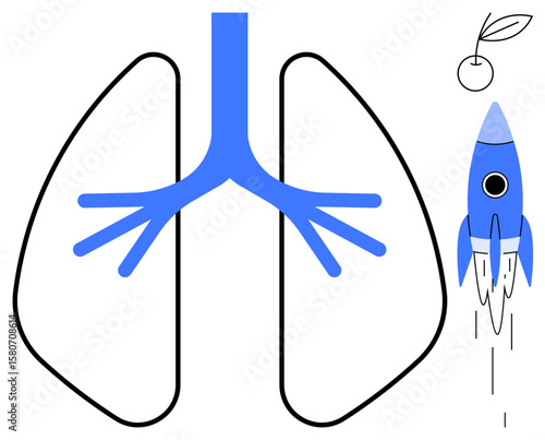 Stylized lungs paired with a rocket for vitality and progress, complemented by a cherry symbolizing energy and health. Ideal for healthcare, innovation, science, wellness, respiration, vitality