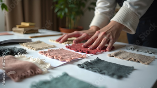 A designer examines fabric swatches on a white table, thoughtfully selecting textures and colors for a new fashion or interior design project
