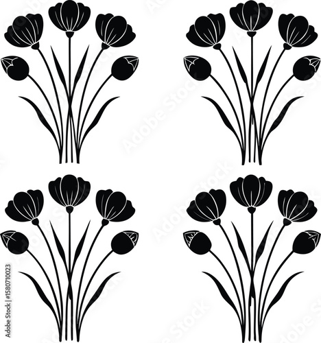 Black floral arrangements with open blossoms and buds flowers stems