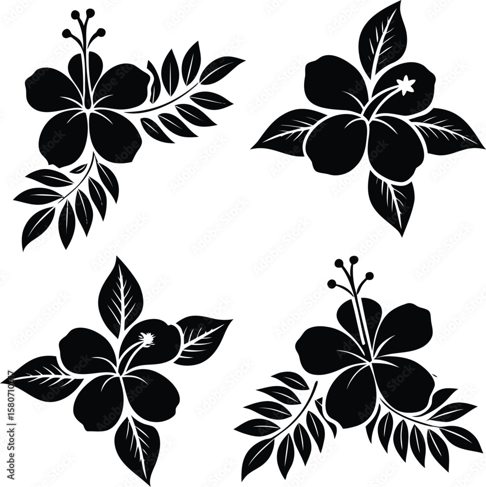 Obraz premium Black hibiscus flowers and leaves decorative elements botanical floral