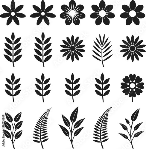 Collection of stylized floral and leaf silhouettes flowers leaves