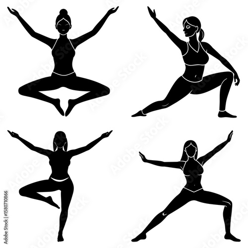 Silhouettes of four women performing various yoga poses in black and white illustration style image