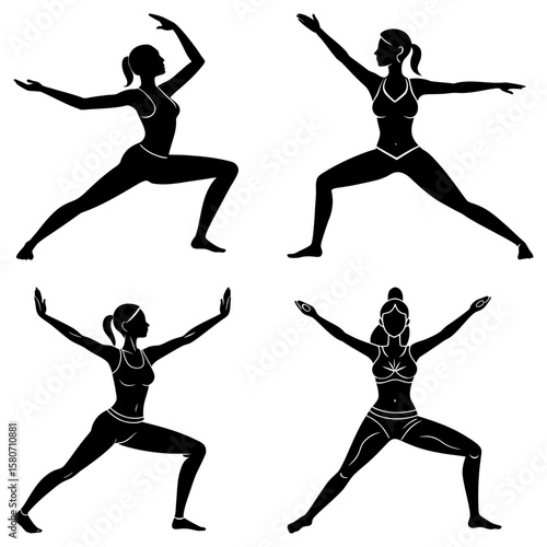 Silhouette illustrations of women in various yoga poses with arms raised and legs in warrior stance