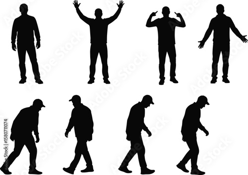 Silhouette of man walking and standing, black shadow figure collection, male person in motion, body posture set, casual pose clipart, walking pose vector