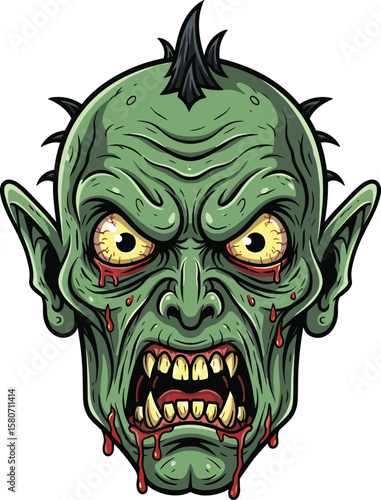 Scary zombie head illustration, creepy green undead face, blood dripping monster, horror character close-up, grotesque Halloween design, terrifying infected creature cartoon artwork