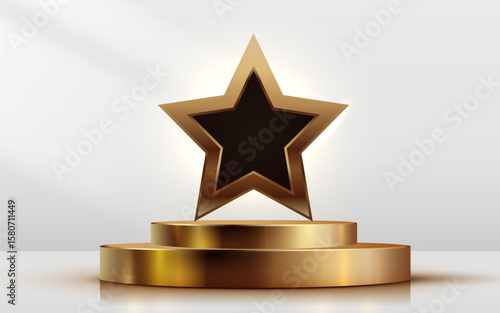 Award round podium with golden star. Golden symbol of victory, achievement, success, rewarding of winner. Vector illustration