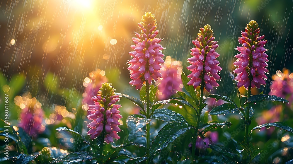 Obraz premium Raindrops Enhance the Natural Beauty of Blooming Flowers at Sunrise