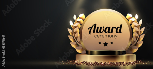 Award round podium with laurel wreath on dark background. Vector golden symbol of victory, achievement, success, rewarding of winner. Vector illustration