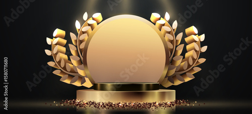 Award round podium with laurel wreath on dark background. Vector golden symbol of victory, achievement, success, rewarding of winner. Vector illustration