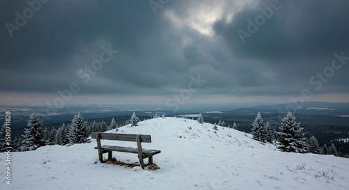 Wallpaper Mural A snowy hilltop with a bench overlooking a landscape under a cloudy sky Torontodigital.ca