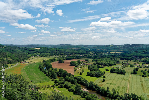 This is the view from Roque Saint-Christophe over the Vézère Valley in the Dordogne region of France, near the town of Montignac-Lascaux.